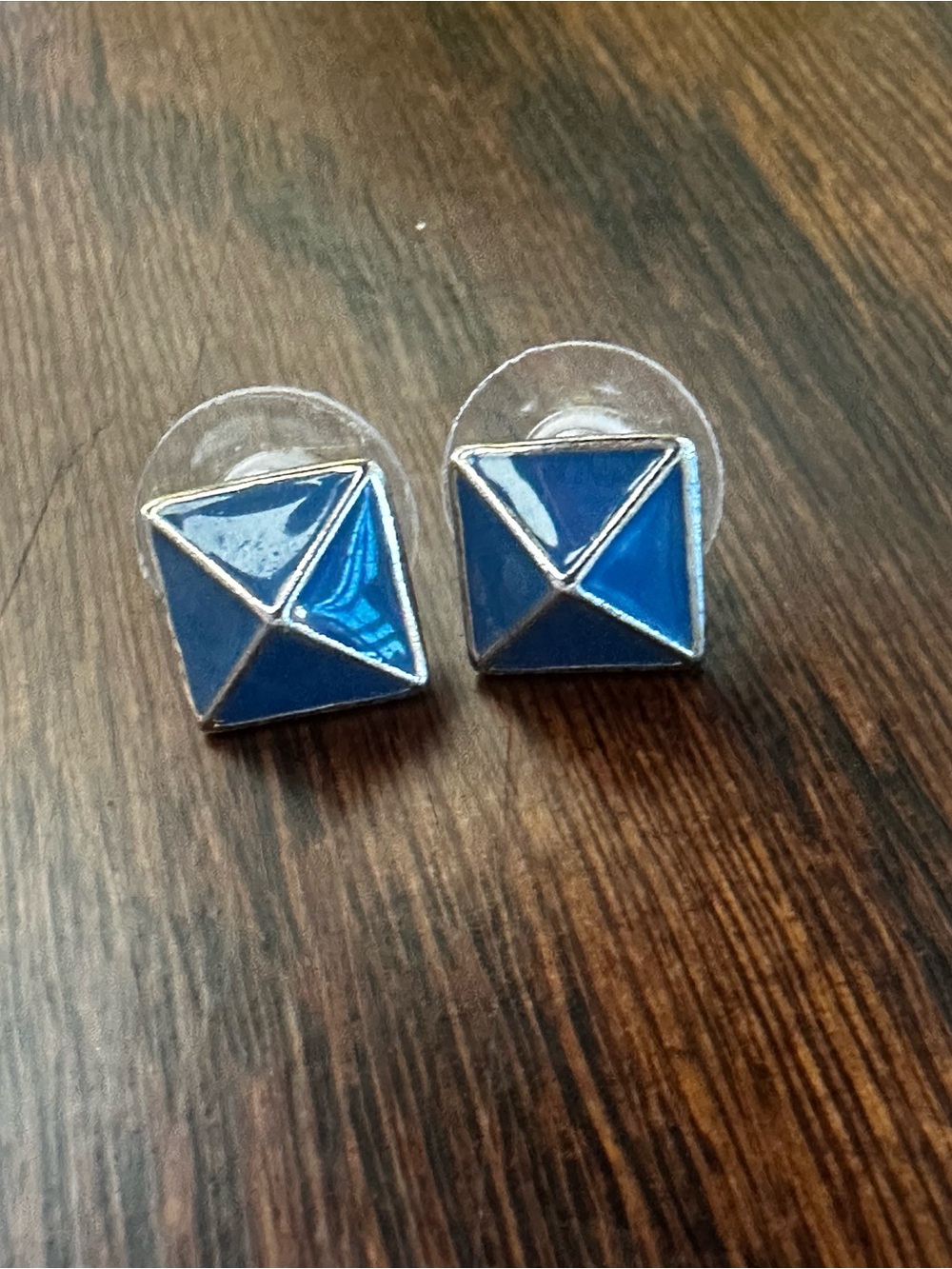 Talbots Blue Enamel Geometric Pyramid Stud Earrings Silver Excellent Condition
